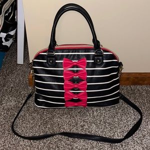red, black, and white striped betsey johnson purse